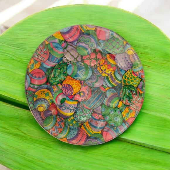 Colorful 9" Fabric Over Glass Plate Easter Egg Design Handmade Decorative Plate - Picture 1 of 2